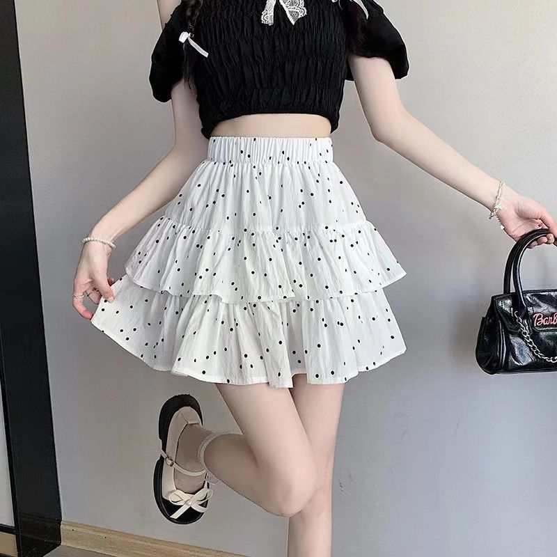 Dotted Mini Skirt Elastic Ruffle A-Line Waist