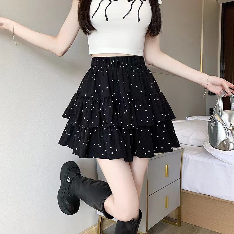 Polka-Dot Mini Flared Skirt with Ruffled Hem and Stretch Waist