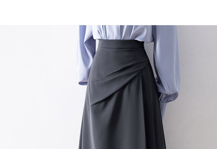 Asymmetrical Shirred Midi A-Line Skirt with High Rise