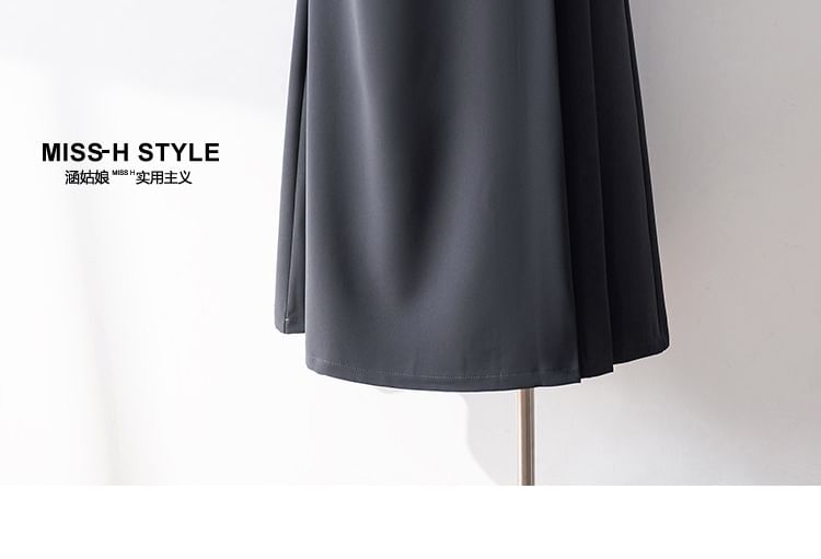 Asymmetrical Shirred Midi A-Line Skirt with High Rise