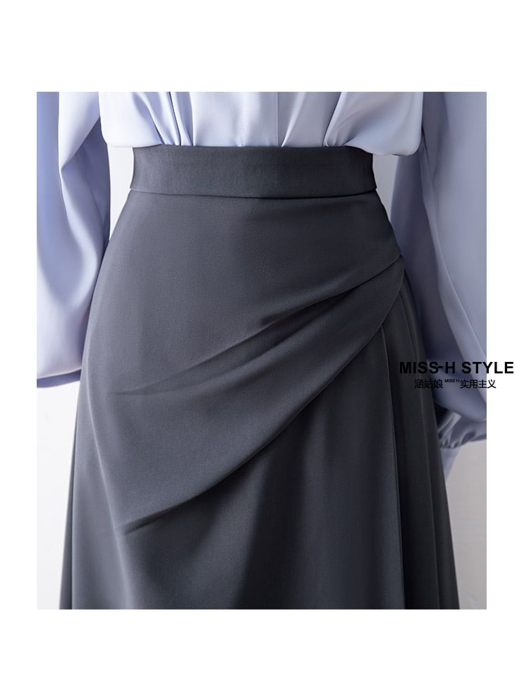 Asymmetrical Shirred Midi A-Line Skirt with High Rise