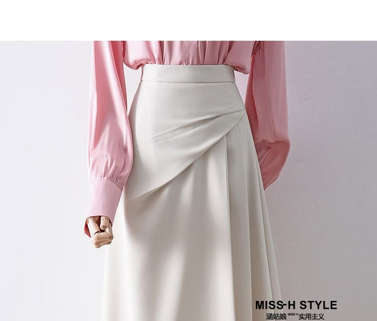 Asymmetrical Shirred Midi A-Line Skirt with High Rise