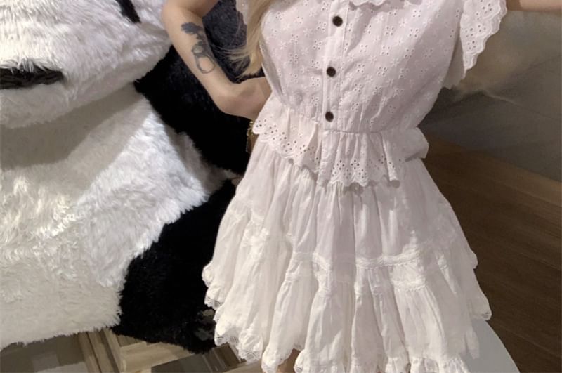 Mini Embroidered Trim Skirt A-Line Flower Lace Cap-Sleeve High Waist / Plain Blouse