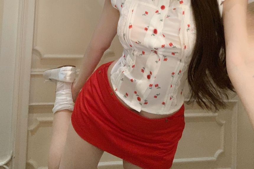 Shirt Pencil / Puff-Sleeve Floral Mini Rise Mid Skirt Plain
