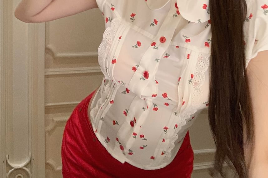 Shirt Pencil / Puff-Sleeve Floral Mini Rise Mid Skirt Plain