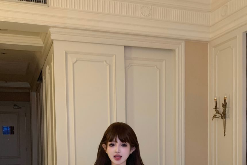 Shirt Pencil / Puff-Sleeve Floral Mini Rise Mid Skirt Plain