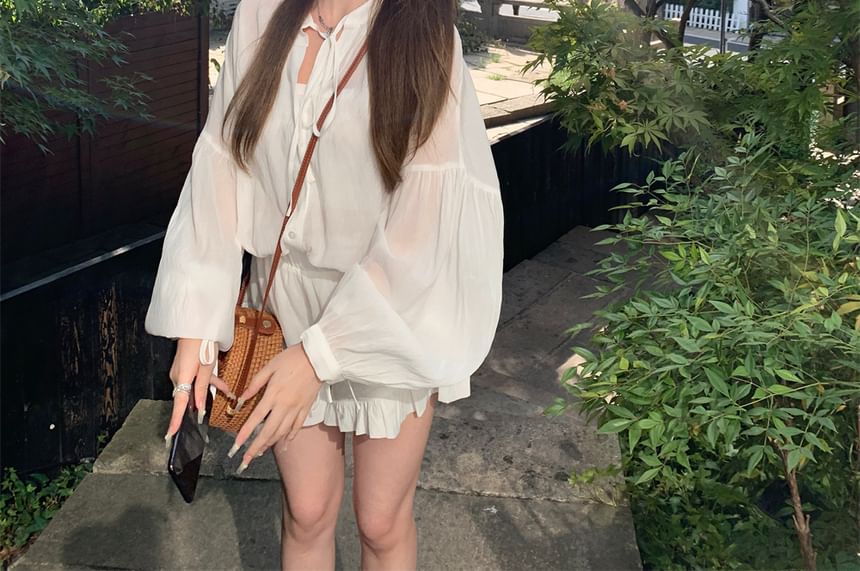 Waist High / Shorts Ruffle Plain Puff-Sleeve Shirt Lace-Up