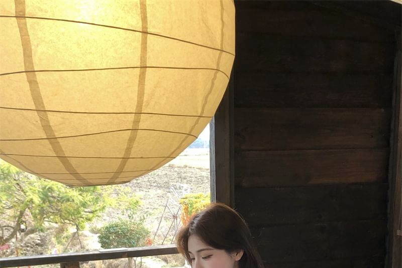 V-Neck Trim Blouse Puff-Sleeve Plain Ruffle Lace