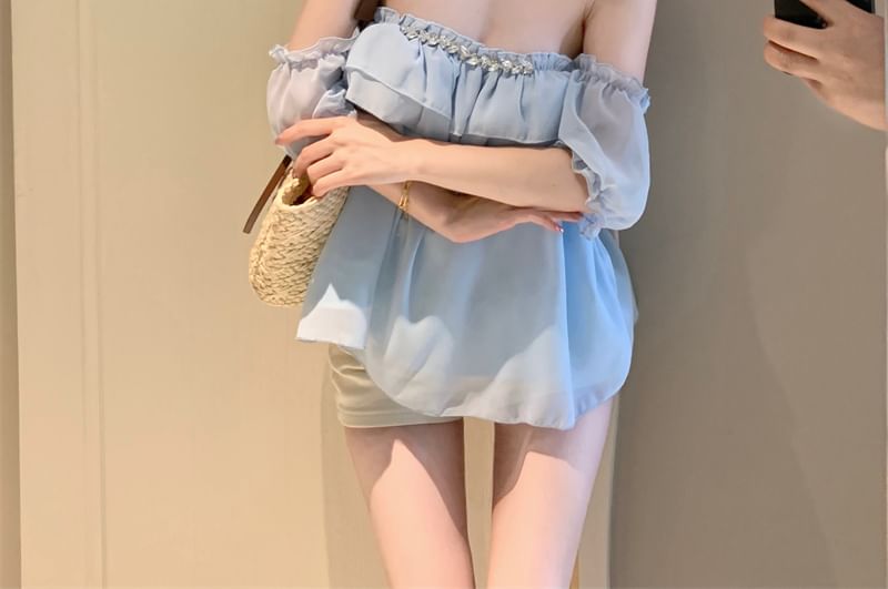 Ruffle Blouse Plain Puff-Sleeve Rhinestone Off-Shoulder