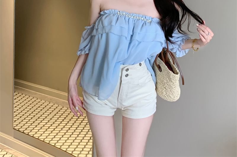 Ruffle Blouse Plain Puff-Sleeve Rhinestone Off-Shoulder