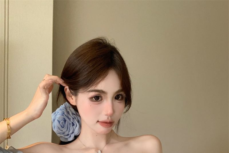 Ruffle Blouse Plain Puff-Sleeve Rhinestone Off-Shoulder