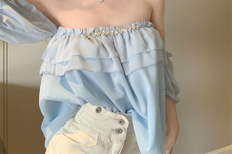 Ruffle Blouse Plain Puff-Sleeve Rhinestone Off-Shoulder