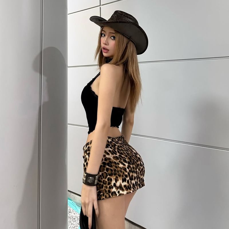 Leopard Print Pencil Mini Skirt with Low Rise