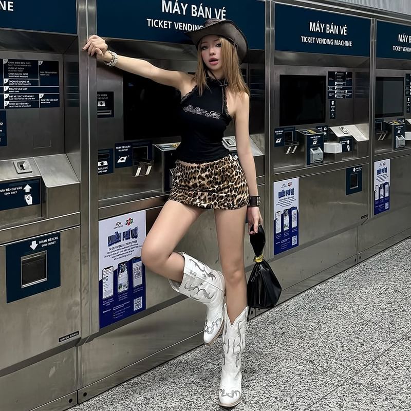 Leopard Print Pencil Mini Skirt with Low Rise