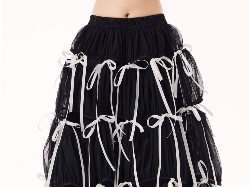 Bowknot Tiered Ruffle A-Line Midi Skirt with High Rise