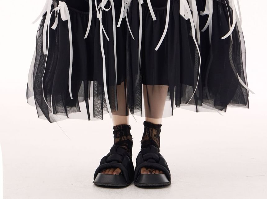 Bowknot Tiered Ruffle A-Line Midi Skirt with High Rise