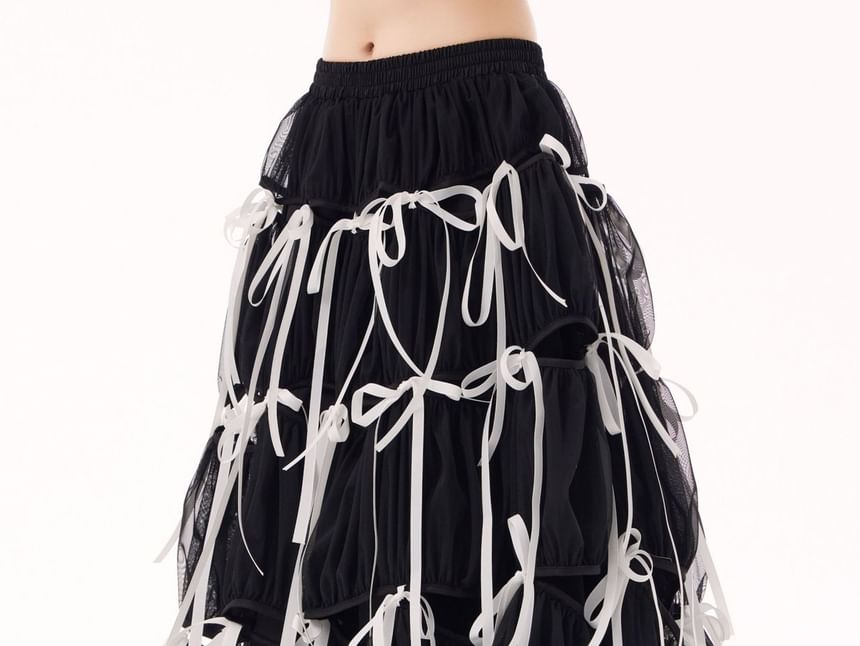 Bowknot Tiered Ruffle A-Line Midi Skirt with High Rise