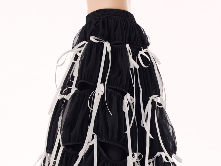 Bowknot Tiered Ruffle A-Line Midi Skirt with High Rise