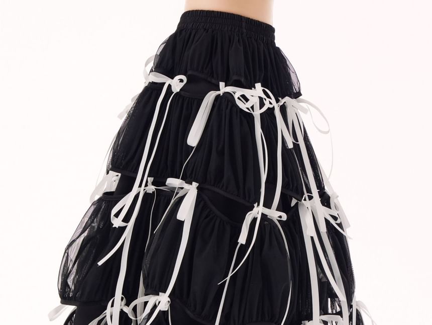 Bowknot Tiered Ruffle A-Line Midi Skirt with High Rise