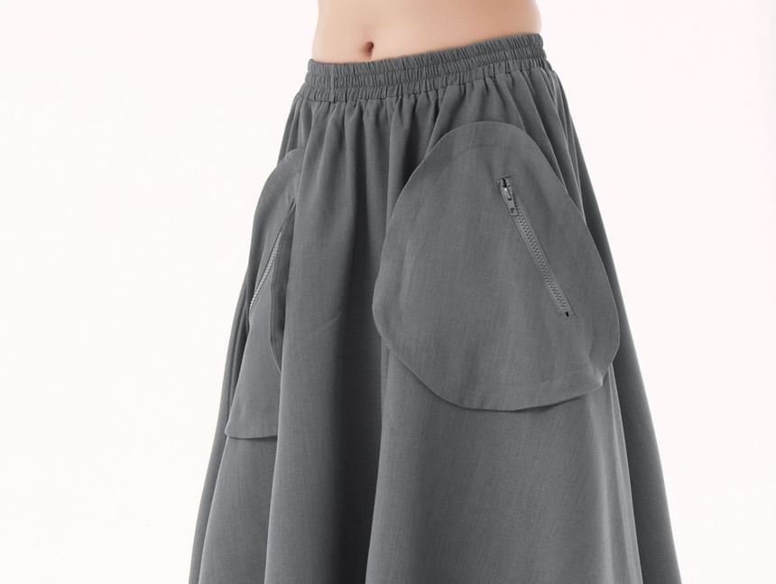 Plain Flared Midi Skirt with High Waist