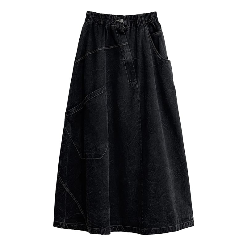 Patchwork Denim Maxi A-Line Skirt with High Waist