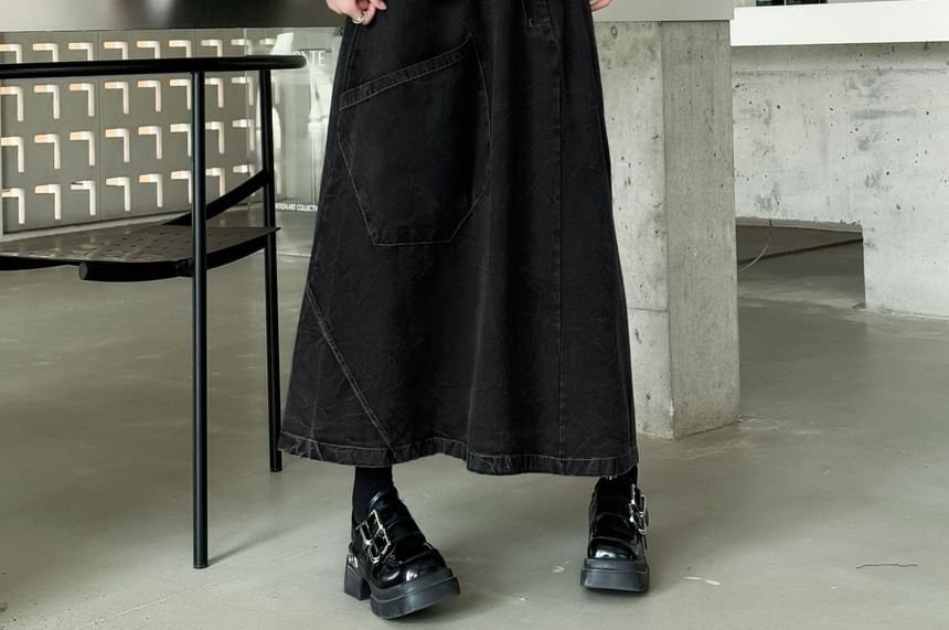 Patchwork Denim Maxi A-Line Skirt with High Waist