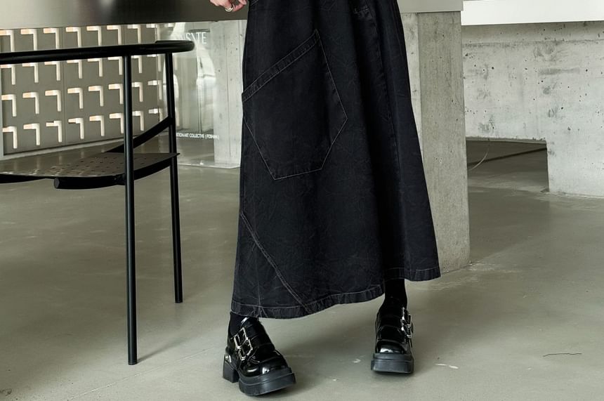 Patchwork Denim Maxi A-Line Skirt with High Waist