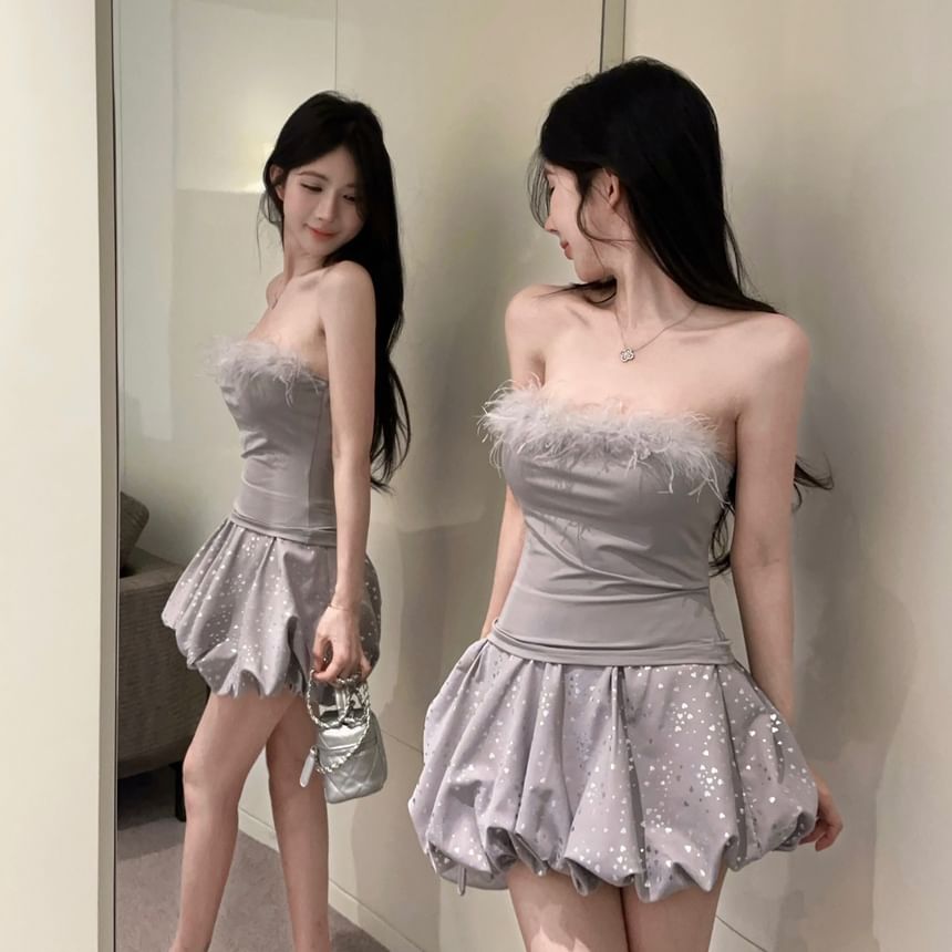 Furry-Trimmed Strapless Top with Glitter Mini Flared Skirt