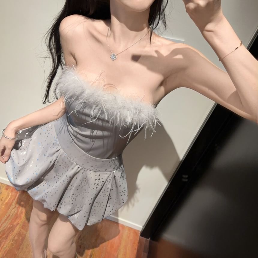 Furry-Trimmed Strapless Top with Glitter Mini Flared Skirt