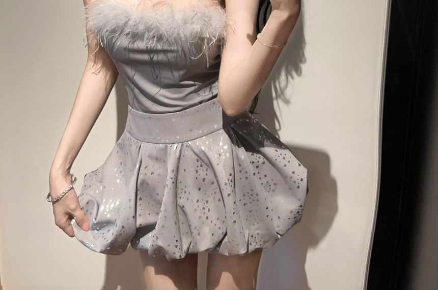 Furry-Trimmed Strapless Top with Glitter Mini Flared Skirt