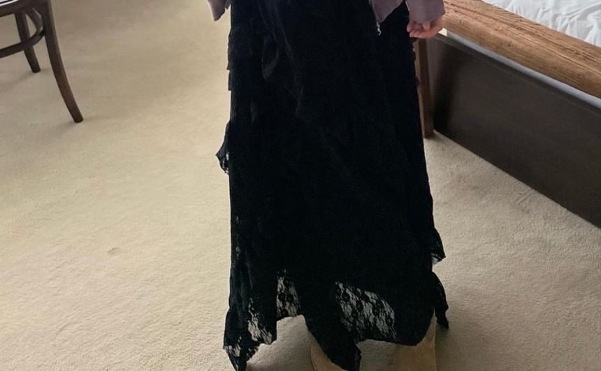 Lace-Trimmed Maxi Flared Skirt with Elevated Waistband