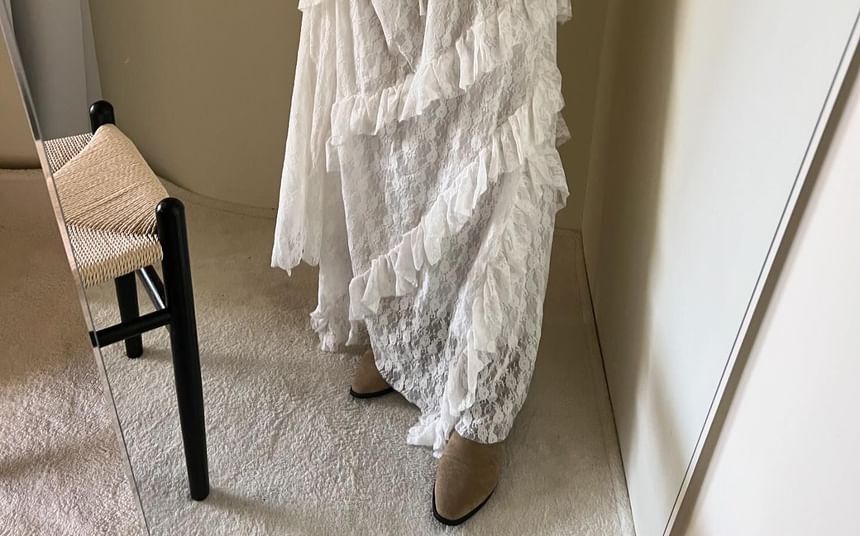 Lace-Trimmed Maxi Flared Skirt with Elevated Waistband