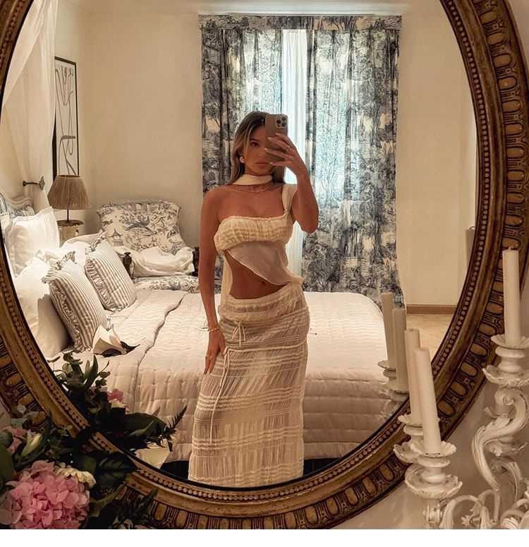 One-Shoulder Mesh Camisole with Ruched Asymmetry and Pencil Skirt