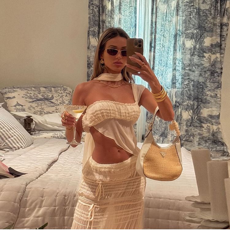 One-Shoulder Mesh Camisole with Ruched Asymmetry and Pencil Skirt