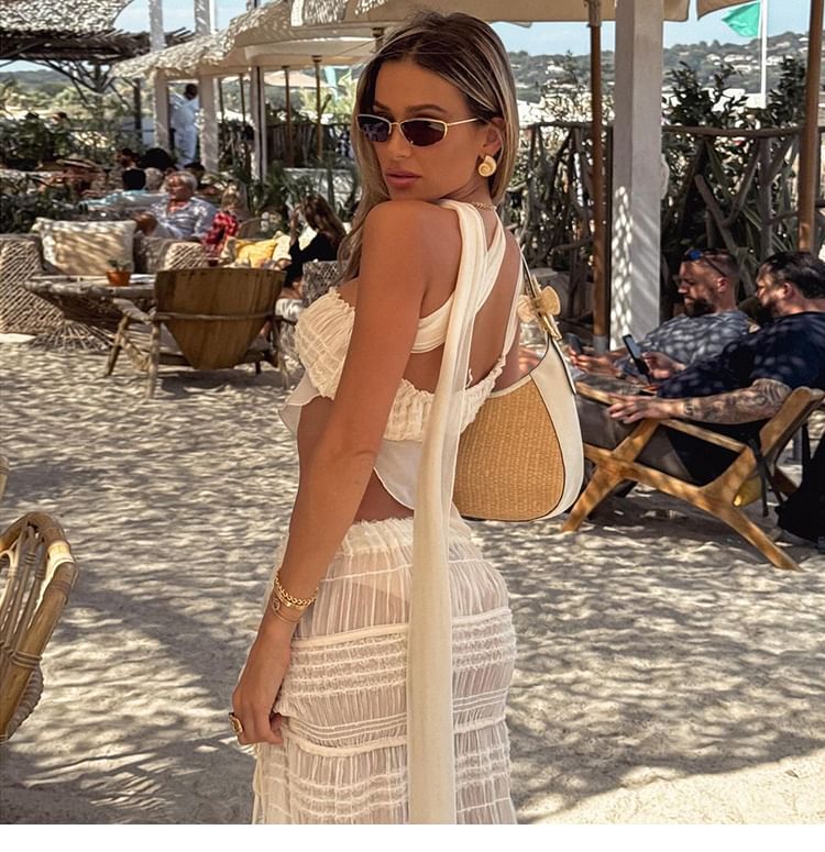 One-Shoulder Mesh Camisole with Ruched Asymmetry and Pencil Skirt