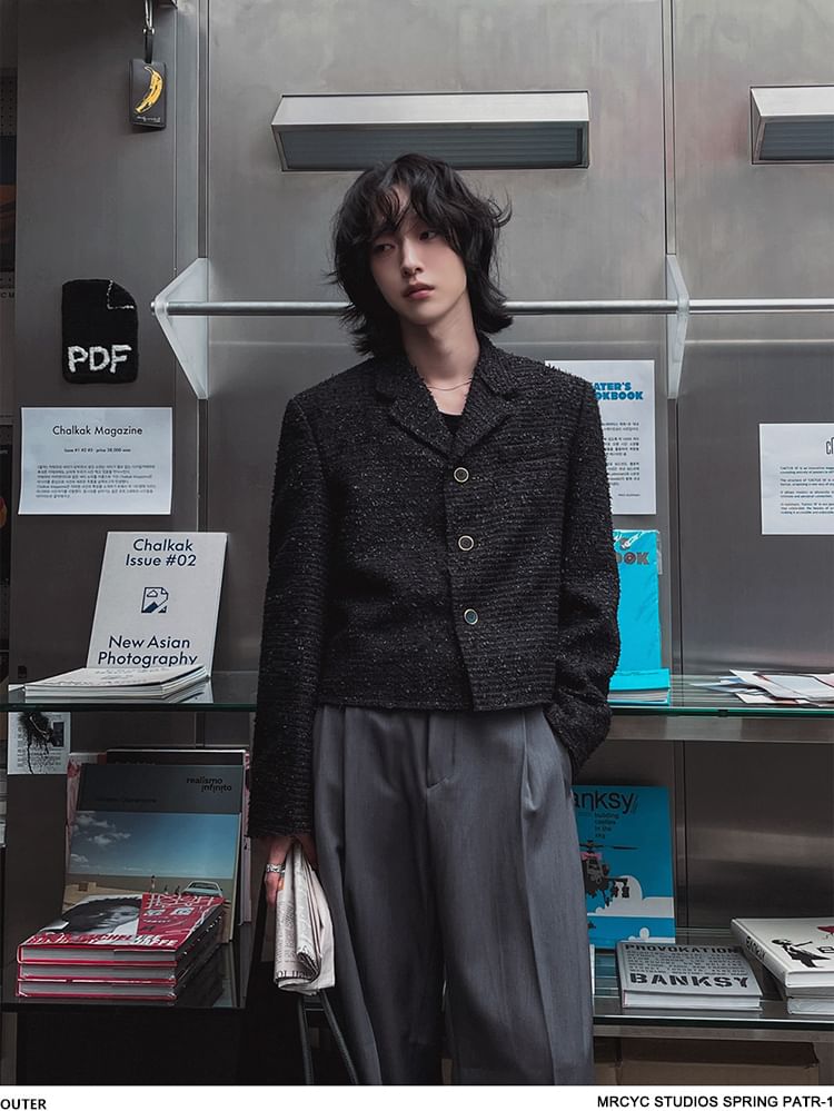 Notch Lapel Button-Up Plain Tweed Crop Jacket