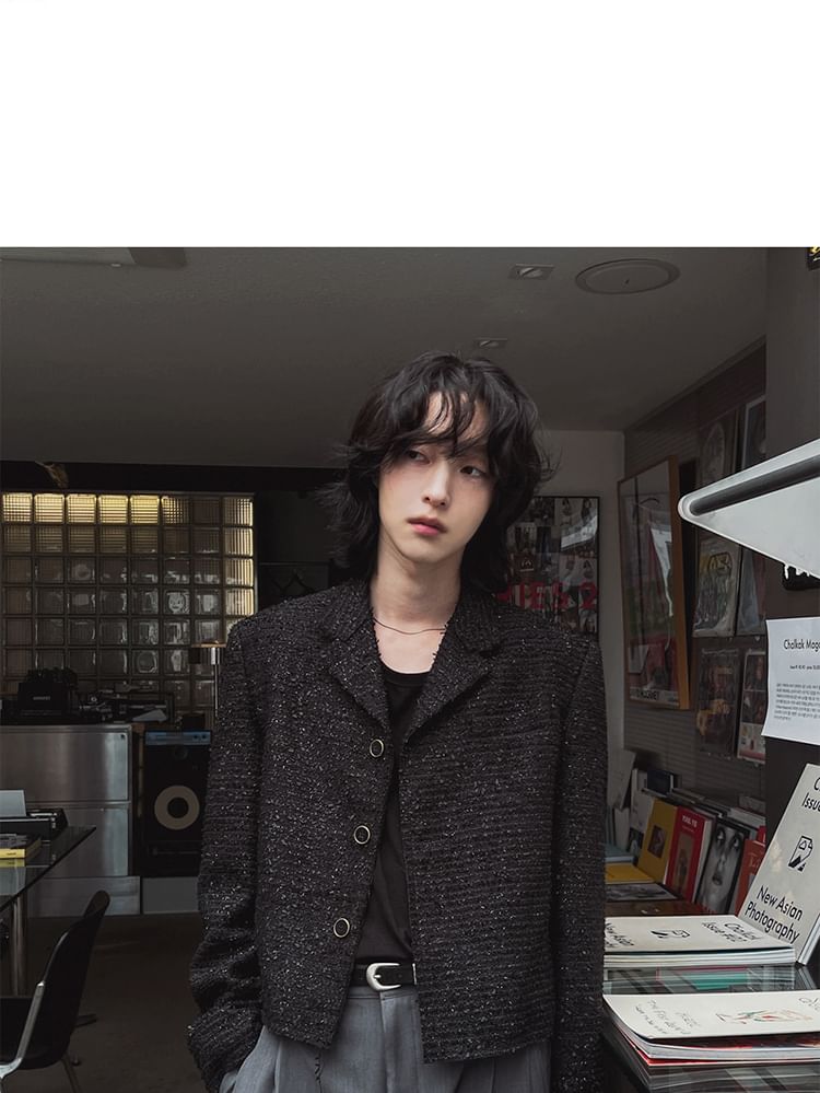 Notch Lapel Button-Up Plain Tweed Crop Jacket