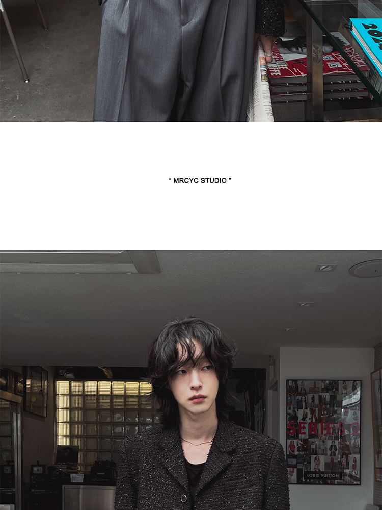 Notch Lapel Button-Up Plain Tweed Crop Jacket