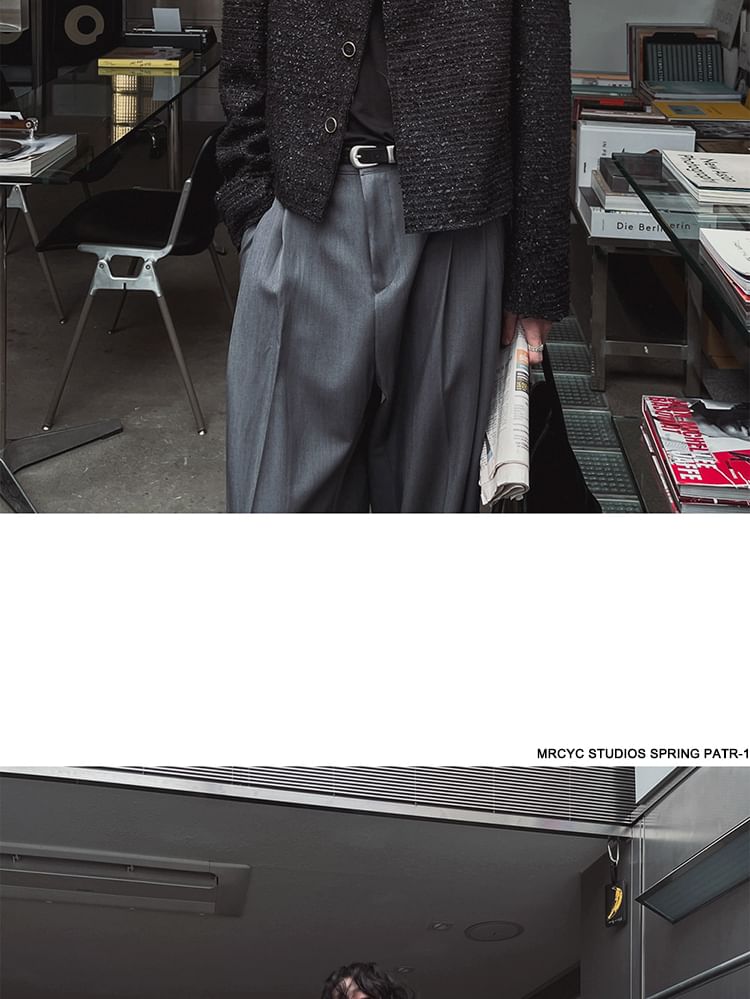 Notch Lapel Button-Up Plain Tweed Crop Jacket