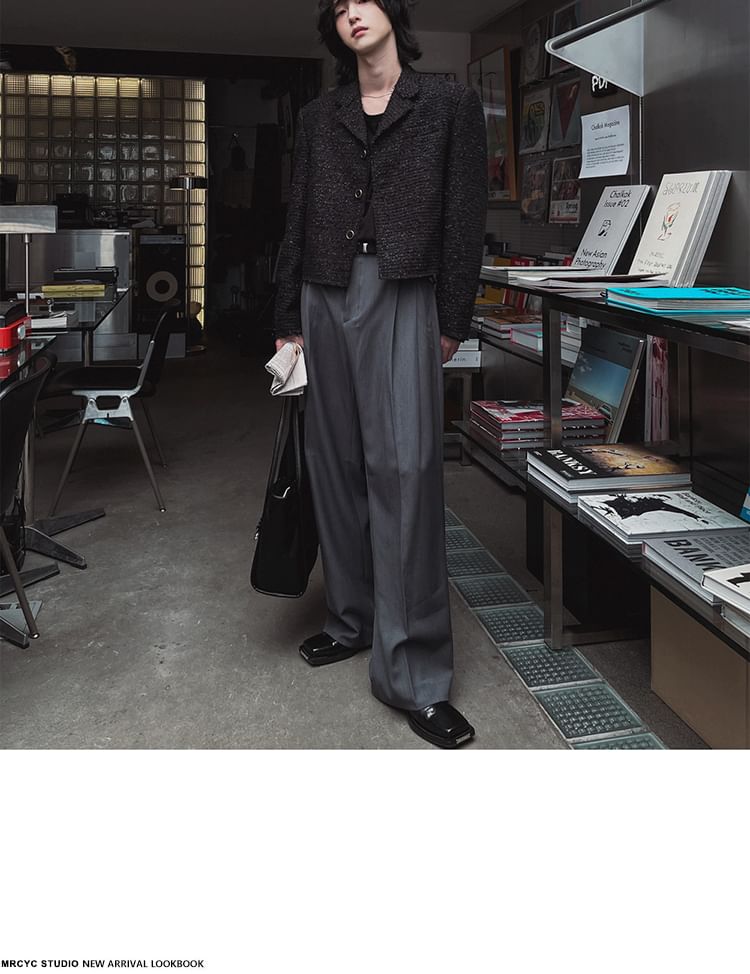 Notch Lapel Button-Up Plain Tweed Crop Jacket