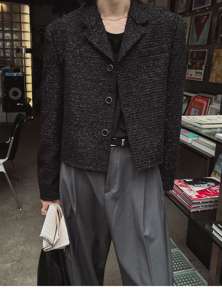 Notch Lapel Button-Up Plain Tweed Crop Jacket
