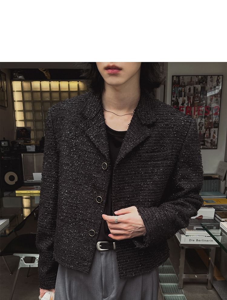 Notch Lapel Button-Up Plain Tweed Crop Jacket