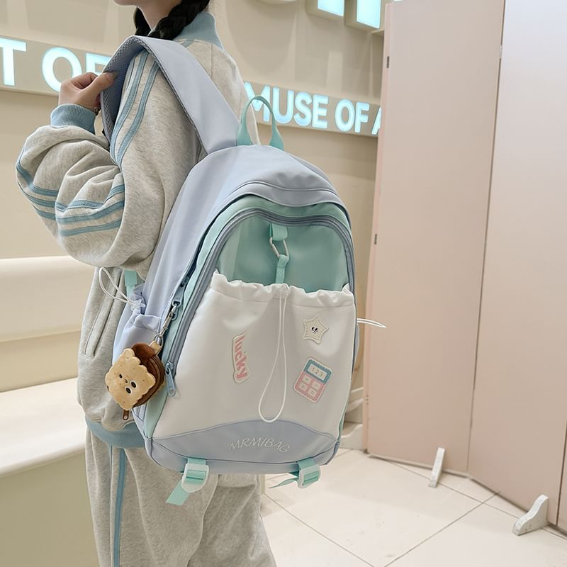 Letter Color Block Embroidered Backpack Drawstring