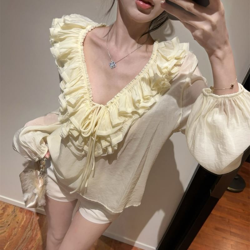 Long-Sleeve Ruffled V-Neck Blouse with Mini Flared Skirt