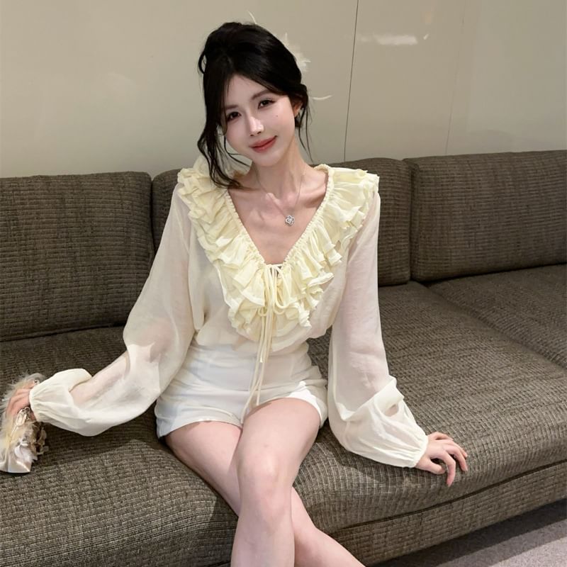 Long-Sleeve Ruffled V-Neck Blouse with Mini Flared Skirt