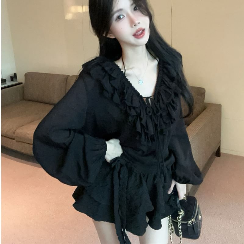 Long-Sleeve Ruffled V-Neck Blouse with Mini Flared Skirt