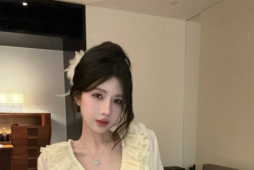 Long-Sleeve Ruffled V-Neck Blouse with Mini Flared Skirt