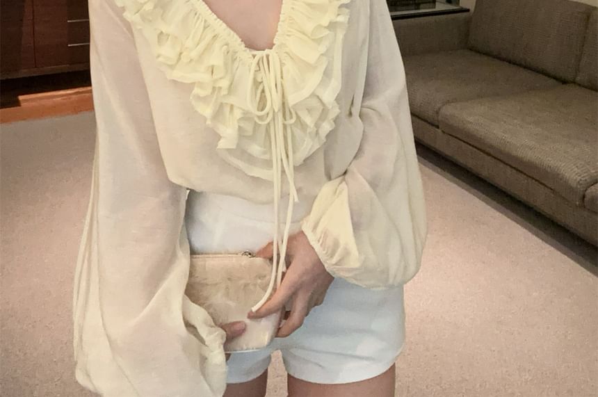 Long-Sleeve Ruffled V-Neck Blouse with Mini Flared Skirt