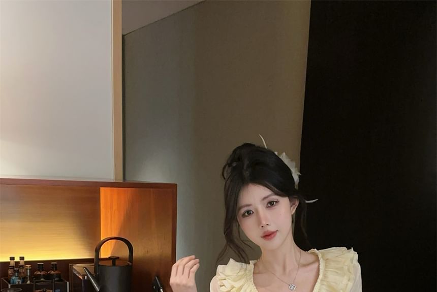 Long-Sleeve Ruffled V-Neck Blouse with Mini Flared Skirt
