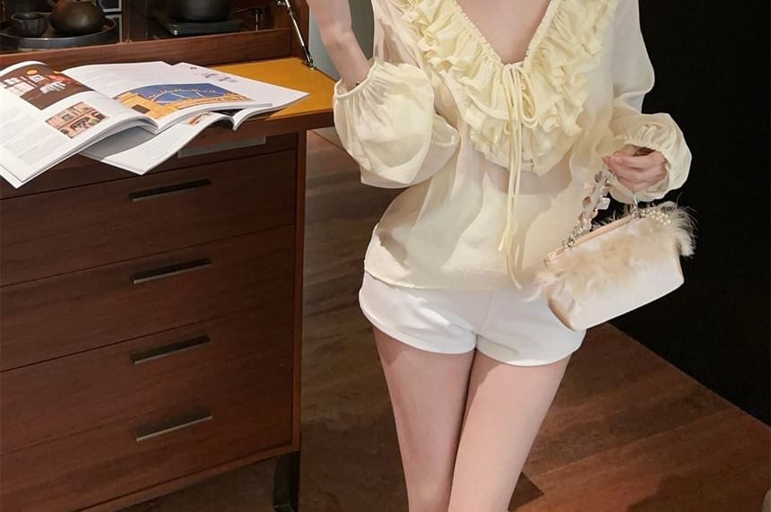Long-Sleeve Ruffled V-Neck Blouse with Mini Flared Skirt